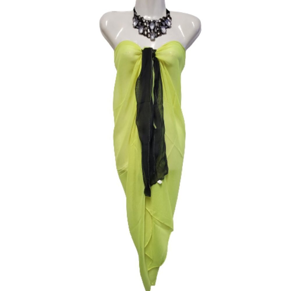 Lime Green and Black Pareo or Sarong Beach Coverup Large Wide Sheer Scarf - NEW